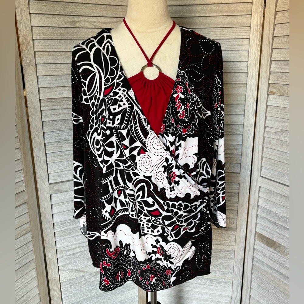 Women’s SZ 18/20 Crossover Top w/mock haltertop attached, 1970’s Black Red White